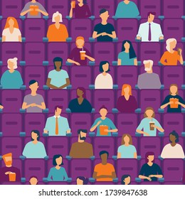 People watching movie in cinema hall.Social distancing concept in public places after covid-19 coronavirus pandemic. Flat vector seamless pattern. svg