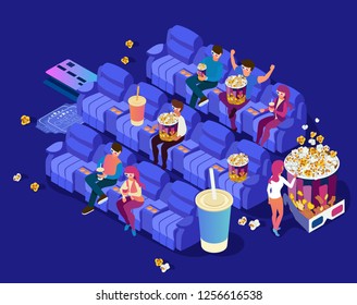 People watching movie in cinema theater. Couple in dating, eating, drinking, watching movie. Isometric 3d flat vector illustrations