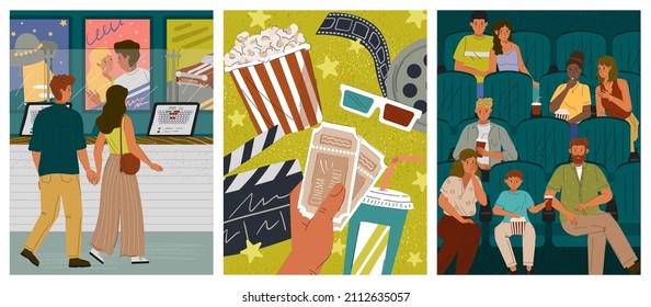 People watching movie in cinema theater. Couple buying ticket to cinema. Film intertainment industry posters set. Vector illustration with popcorn, movie tickets, reel and people audience