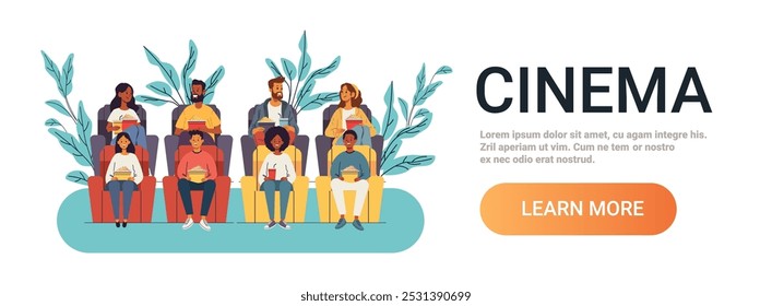 People watching movie cinema theater audience. Diverse group seated in rows holding popcorn drinks surrounded by plants white background. Website banner template