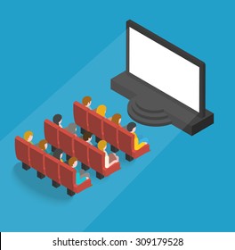 People watching movie in cinema theater, isometric concept, vector illustration