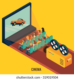 People watching movie in cinema theater. Isometric 3d vector illustrations