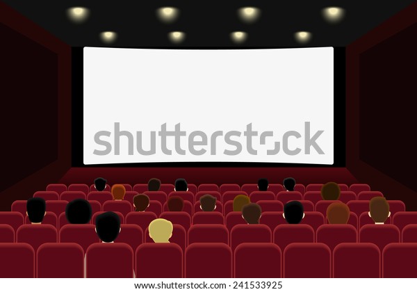 人々は映画館や劇場で映画を見ている 大画面で映画を見るために映画や劇場を訪れる様子のベクターイラスト テキスト用のコリースペースを含む空白の画面 のベクター画像素材 ロイヤリティフリー
