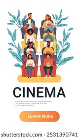 Personas que ven la película en el teatro del cine audiencia sentada con las palomitas de maíz y las bebidas fondo colorido de las Vacantes con las plantas diseño del Anuncio del Sitio web