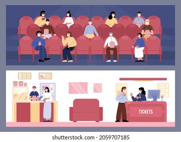 People watching movie at the cinema wearing face mask. New normal social distancing rules at the cinema. People watch movie, buy cinema tickets, buy popcorn and soft drinks at bar cartoon vector set.