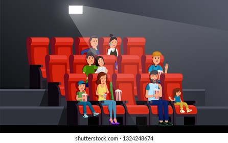 People watching movie comfortably in picture palace vector illustration. Theater interior