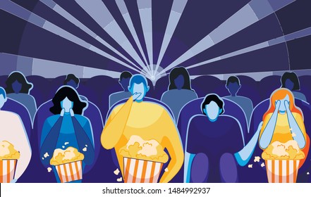 People Watching Movie or Film and Eating Pop Corn Flat Cartoon Vector Illustration. Cinema Audience Sitting in Chair Rows. Movie theater interior. Horror Film, Girl Closing Eyes with Hands.