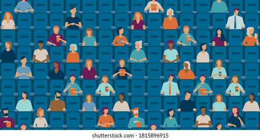 People are watching movie in a half empty cinema hall. Social distancing concept in public places after covid-19 coronavirus pandemic. Flat vector pattern  svg