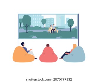 People Watching Movie In Home Cinema Theater Sitting Behind Big Screen, Flat Vector Illustration Isolated On White Background. Home Cinema Indoor Entertainment.