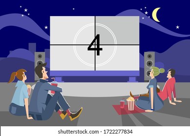 People watching movie outdoors in evening. Couples dating in open air cinema theater and sitting at big screen. Vector illustration for night, weekend, entertainment, romance concept