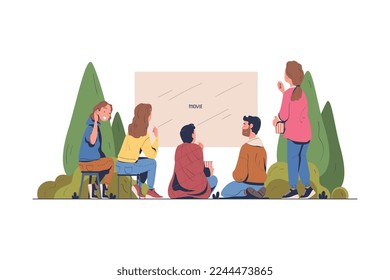 People Watching Movie Sitting in Open Air Cinema Together Vector Illustration