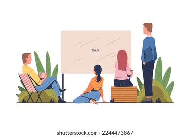 People Watching Movie Sitting in Open Air Cinema Together Vector Illustration