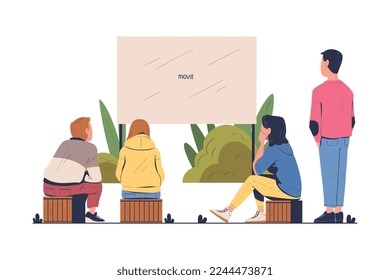 People Watching Movie Sitting in Open Air Cinema Together Vector Illustration