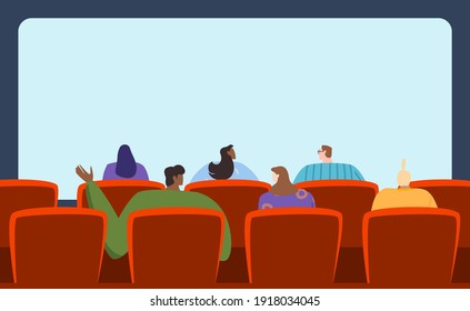 People watching movie, spacious audience, interesting film, entertainment program, design cartoon style vector illustration. New premiere, beautiful interior, men and women sit on comfortable chairs.