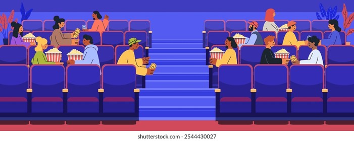 People watching movie theater auditorium audience. Diverse characters with snacks and drinks seated in rows of blue chairs. Indoor scene with plants and steps