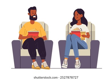 People watching movie in theater enjoying popcorn and drinks sitting on seats casual attire colorful design entertainment concept