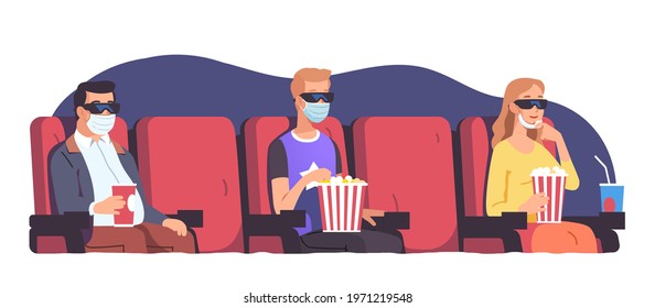 People watching movie in theater keeping safe distance wearing masks sitting through one chair seat row. Persons eating popcorn enjoying film in theater. Social distancing flat vector illustration