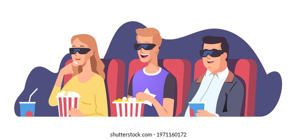 People watching movie in theater. Men, woman audience eating popcorn in cinema seats. Excited friends persons wearing 3d glasses, sit on chairs enjoy film. Leisure entertainment flat vector illustrati