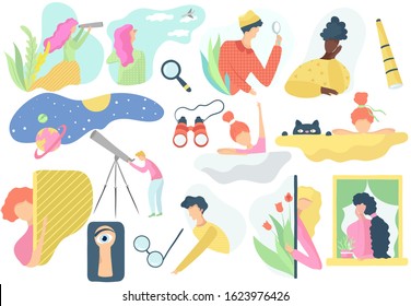 People watching, observing and peeping, vector illustration. Set of isolated stickers in flat style, cartoon characters looking at the sky. Curious men and woman spying and peeping, funny icons