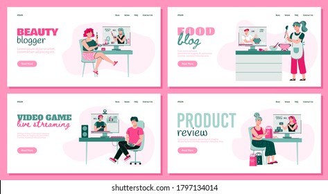 People watching online video bloggers - website banner set with cartoon viewers looking at beauty or food tutorial, video game stream or product review, vector illustration.