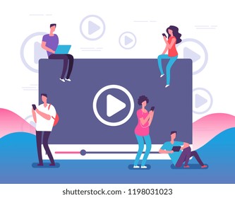 People watching online video. Digital internet television, web videos player or social media live stream vector concept illustration. Online video stream, play and watching movie
