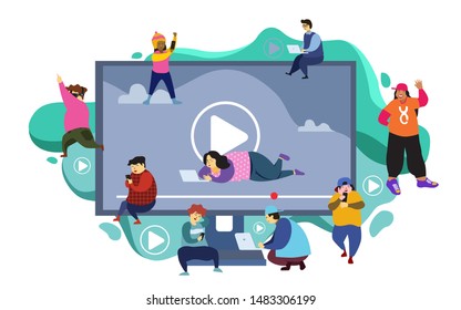 People watching online video. Digital internet television, web videos player or social media live stream vector concept illustration. Online video stream, play and watching movie.
