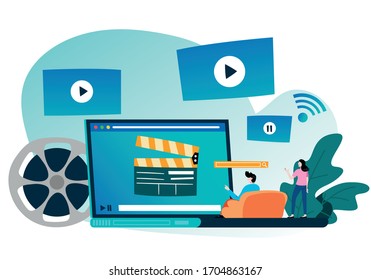 People watching online video streaming. movie online streaming. digital content, online advertisement vector illustration.