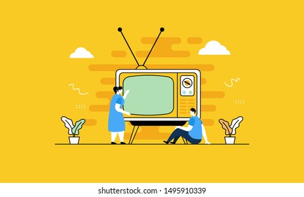 People watching Retro TV flat vector illustration concept,can be used for landing page, ui, web, app intro card, editorial, flyer, and banner.