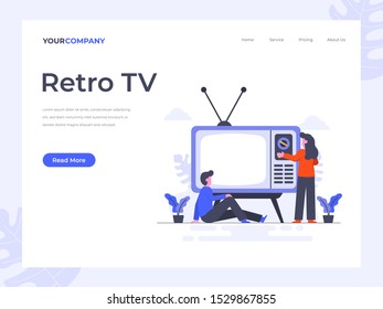 People Watching Retro TV Flat Vector Illustration Concept