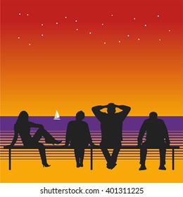 People watching the sea. Vector with gradient.