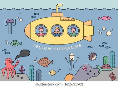 People are watching the sea in a yellow submarine. The sea where various marine life lives. flat design style minimal vector illustration.