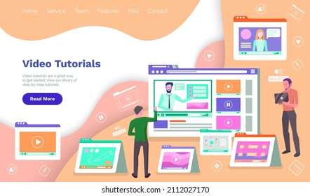 People Watching And Sharing Online Video Tutorials. Digital Internet Television, Web Videos Player Or Social Media Live Stream Concept. Website Or Webpage Template, Landing Page In Flat Style