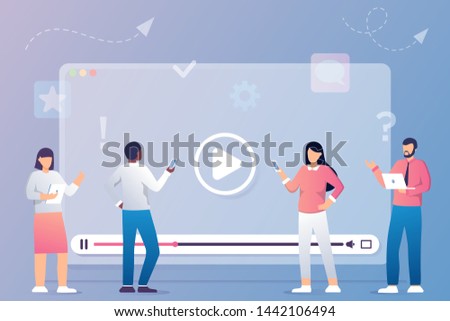 People watching and sharing online video. Digital internet television, web videos player or social media live stream vector concept illustration. Online cinema, play and watching movie 
