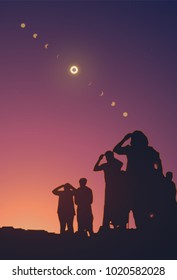 People are watching a solar eclipse in the sky with stars. Horizontal realistic vector illustration.