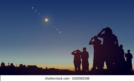 People Are Watching A Solar Eclipse In The Sky With Stars. Realistic Vector Illustration.