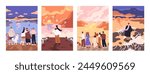People watching sunset at sea. Characters from behind, looking and enjoying evening sky, sun, standing on deck, pier. Seaside landscapes, travel posters set. Flat graphic vector illustrations
