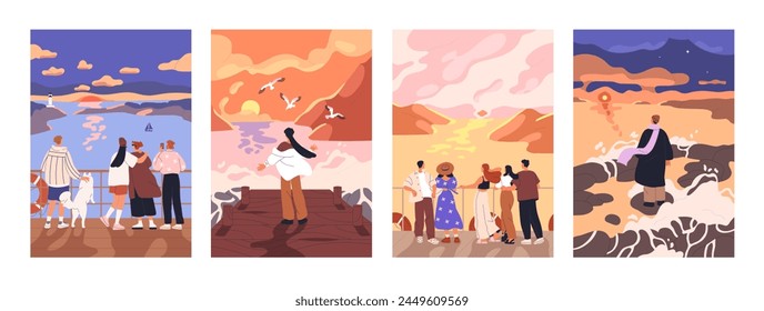 People watching sunset at sea. Characters from behind, looking and enjoying evening sky, sun, standing on deck, pier. Seaside landscapes, travel posters set. Flat graphic vector illustrations