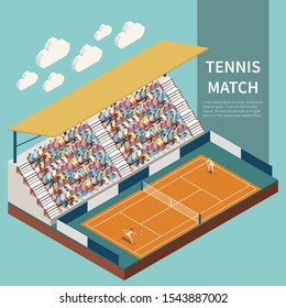 People watching tennis match on sport field 3d isometric vector illustration