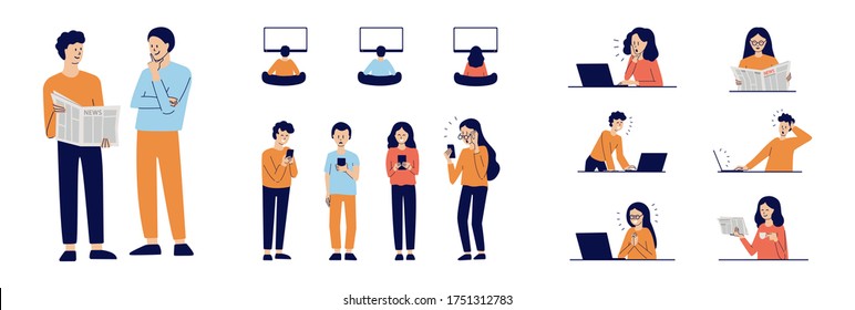 People watching TV, chatting with friends, checking email. Men and women type messages, read newspaper, share news, surf the web. Boy and girl with smartphone, laptop. Mass media. Modern vector set