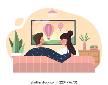 People watching TV. Man and woman sit on couch and look at screen. Young couple resting after work or study. Characters watching movies and series in evening. Cartoon flat vector illustration svg
