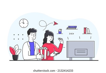 People watching tv news. Man and girl with food sitting in front of monitor. Characters in apartment resting after work in evening, husband and wife at room. Cartoon flat vector illustration svg