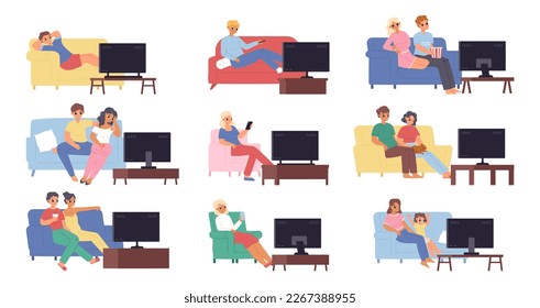 People watching tv on comfort sofa and chair. Cozy family evening, single young adults weekend. Show watch, teenagers on couch eat and rest snugly vector set