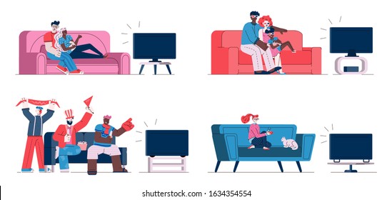 People watching TV on sofa - isolated set of couples, sport fans and girl