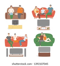 People watching tv programs together vector, family and friends looking at screens discussing events. Mother and father with kids, lady knitting hobby