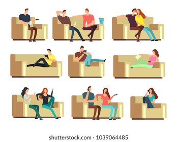 People watching tv, resting with phone, snacking on couch. Characters on holiday vector set. Couple man and woman on couch with tv illustration