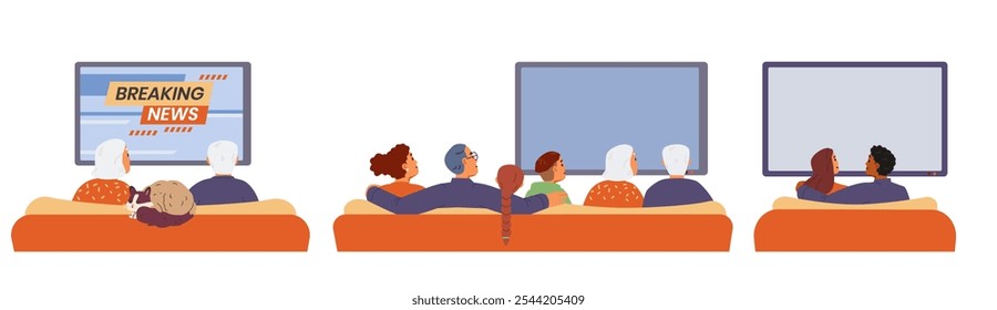 Menschen, die auf der Couch sitzen, sehen Vektorgrafiken von der Rückseite aus, einzeln auf weißem Hintergrund. Seniorenpaar, Familie mit Kindern, multirassisches Paar, das Fernsehen guckt.