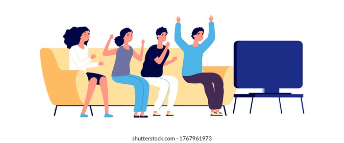 People watching TV. Students group together, friends meeting. Flat boy girl on weekend. Happy man woman sitting on sofa vector illustration