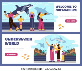 People watching underwater scenery with fishes, sea animals in giant oceanarium, takes a selfie. Aquarium excursion, marine flora and fauna vector advertising landing page or flyers template