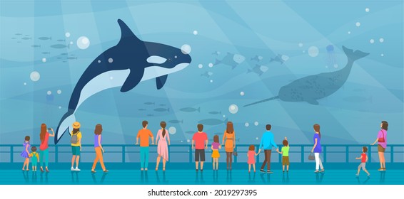 People watching underwater scenery with large whales in oceanarium. Underwater fauna with marine world representatives. Oceanarium visitors look at killer whale in aquarium vector illustration