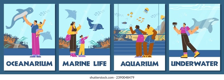 People watching underwater scenery with sea animals in giant oceanarium, takes a selfie. Aquarium excursion, marine flora and fauna vector posters set. Cartoon underwater ocean and sea wildlife